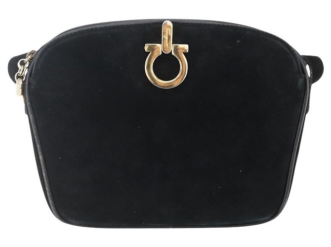 Borsa a Spalla Gancini in Camoscio Nero e Oro Auth BA7988 di Salvatore Ferragamo D'oro - vista 13