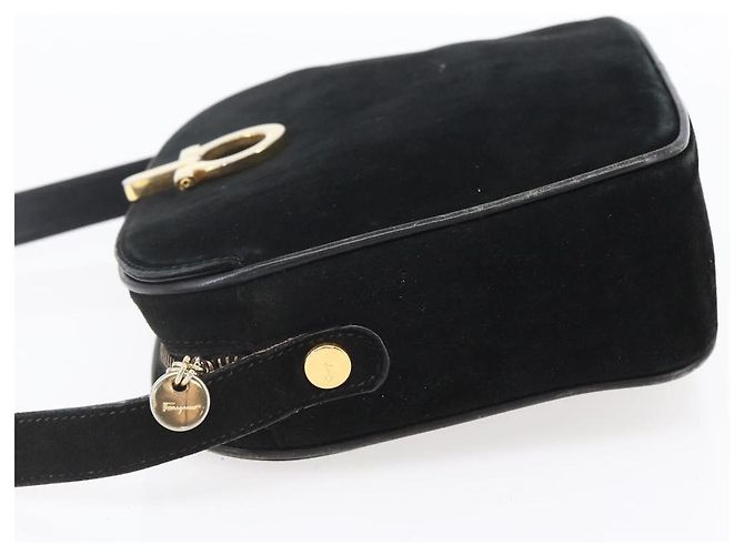 Borsa a Spalla Gancini in Camoscio Nero e Oro Auth BA7988 di Salvatore Ferragamo D'oro - vista 3
