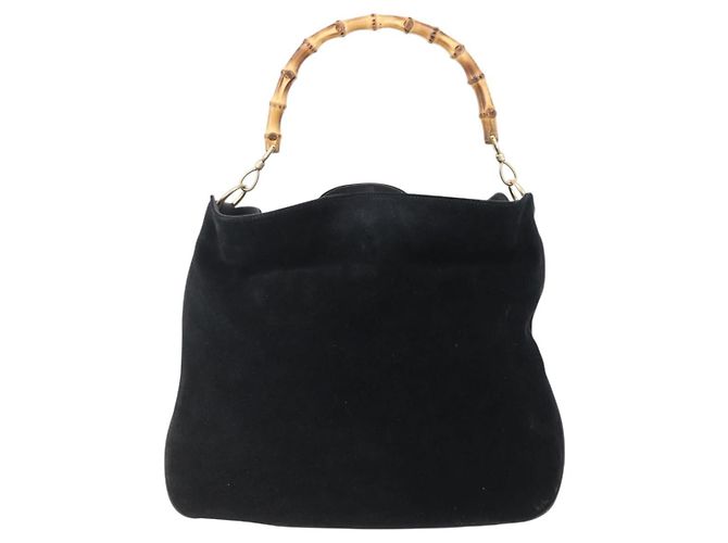 Borsa a Spalla Gucci in Pelle Scamosciata Nera e Oro Bamboo 001 1014 1577 Auth ep11269 Nero D'oro - vista 13