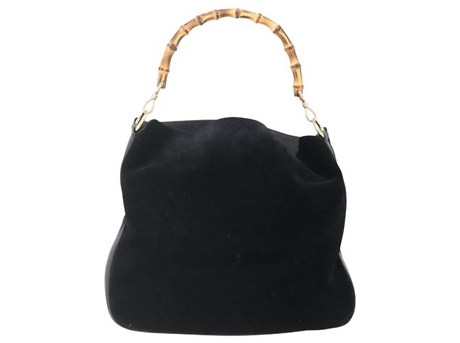 Borsa a Spalla Gucci in Pelle Scamosciata Nera e Oro Bamboo 001 1014 1577 Auth ep11269 Nero D'oro - vista 2