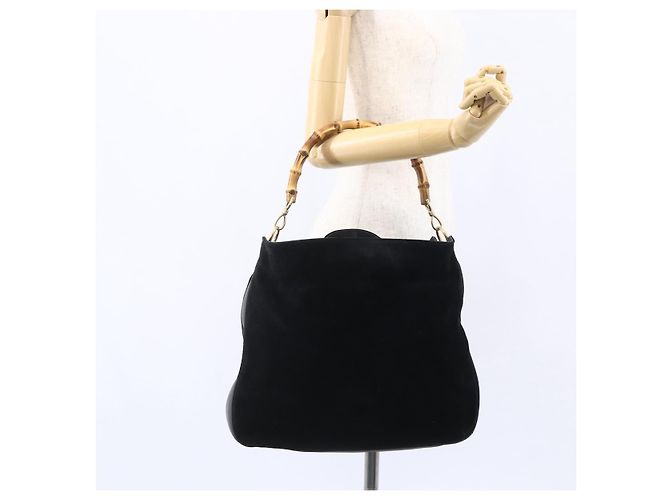 Borsa a Spalla Gucci in Pelle Scamosciata Nera e Oro Bamboo 001 1014 1577 Auth ep11269 Nero D'oro - vista 21