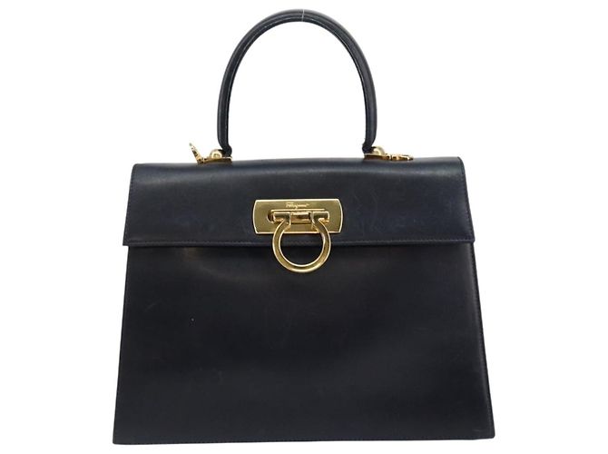 Borsa a mano Gancini in pelle blu navy e oro Auth 146338 di Salvatore Ferragamo D'oro - vista 13