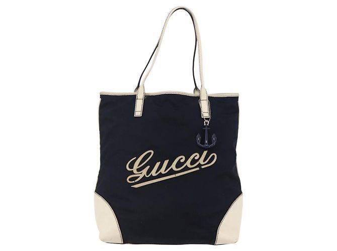 Borsa Tote GUCCI in nylon e pelle blu navy 170008 Auth BA6786 - vista 13