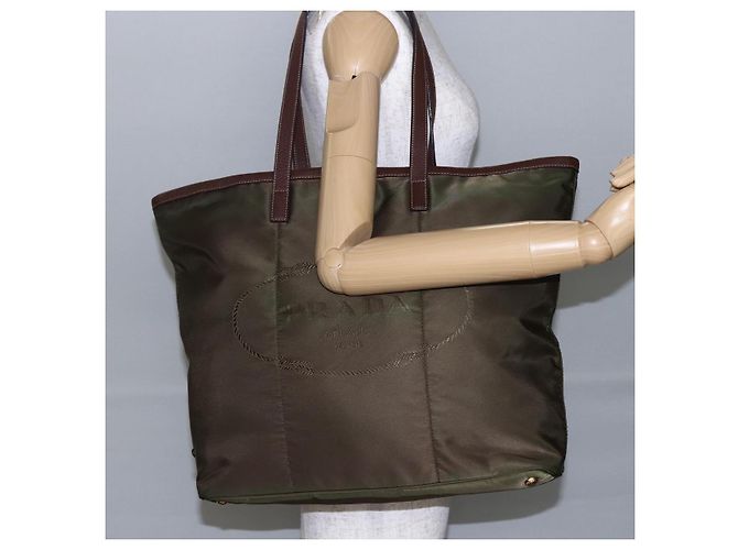 Borsa Tote PRADA in nylon khaki oro Auth ep11268 D'oro Cachi - vista 23