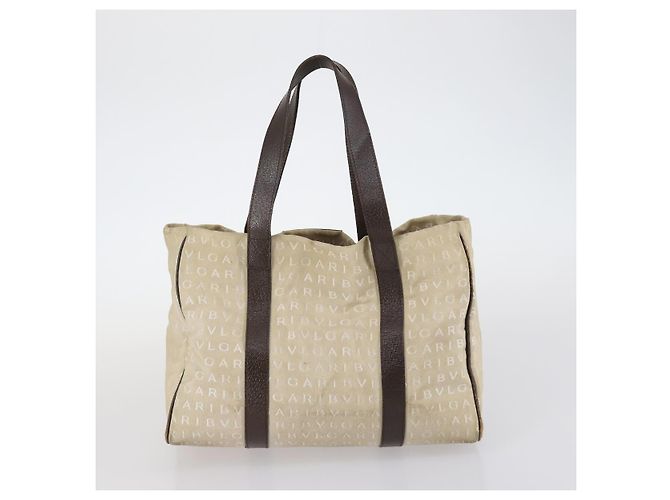Bulgari Borsa a mano BVLGARI Logo Mania in tela 2 pezzi Beige Marrone Auth bs29563 - vista 11