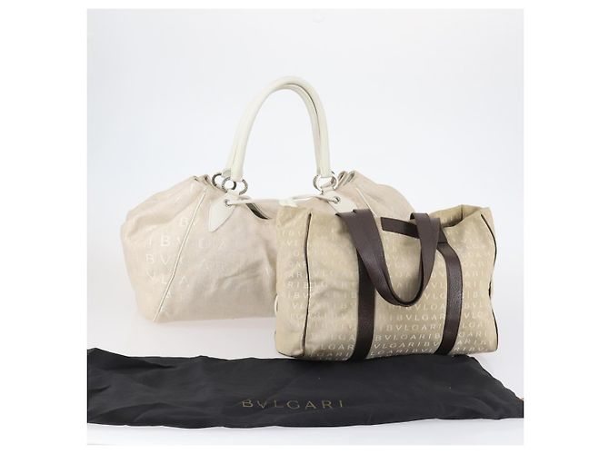 Bulgari Borsa a mano BVLGARI Logo Mania in tela 2 pezzi Beige Marrone Auth bs29563 - vista 18