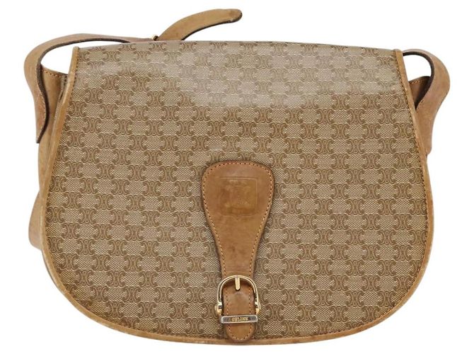 Céline Bolsa de Ombro em Lona Macadam CELINE PVC Bege Ouro Auth 146716 Dourado - vista 2