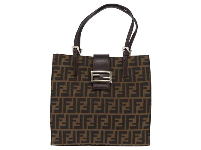 FENDI Borsa Tote Mamma Baguette in Tela Zucca Nera Argento Marrone Auth 145493 Nero - vista 13