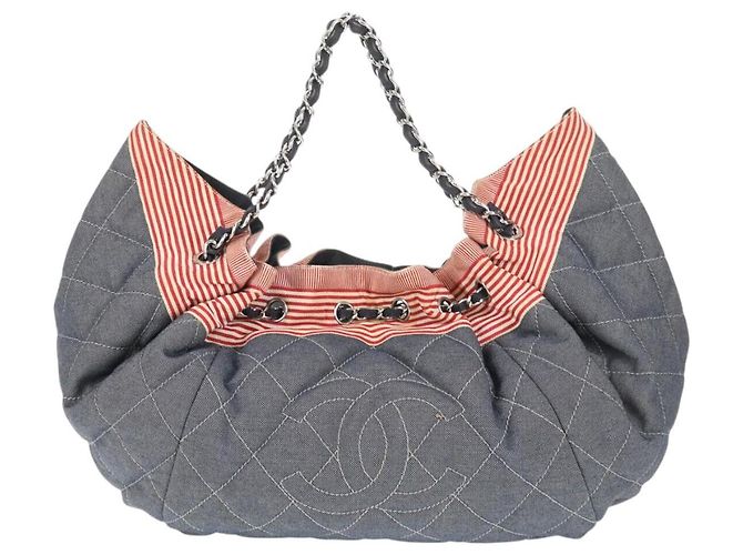 Borsa Tote CHANEL con catena Denim Blu Argento CC Auth 142514V - vista 13
