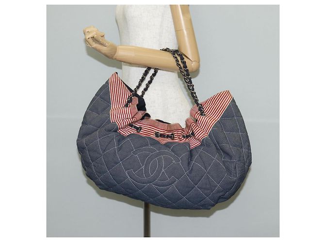 Borsa Tote CHANEL con catena Denim Blu Argento CC Auth 142514V - vista 27