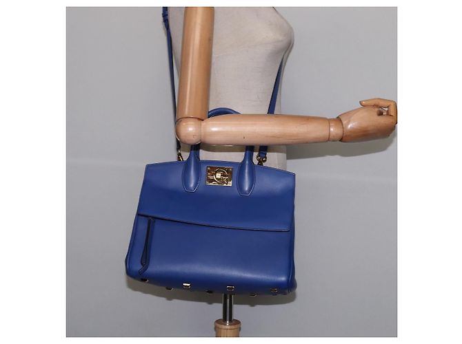 Borsa a mano in pelle Gancini Studio Salvatore Ferragamo 2 in 1 Blu Oro Auth 144870 D'oro - vista 23