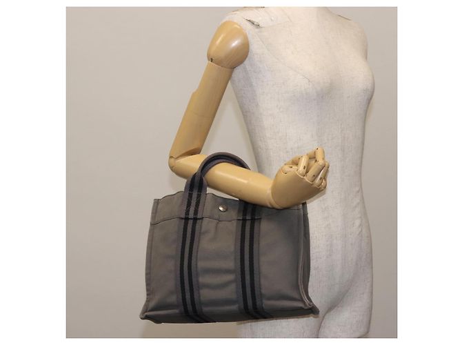 Hermès HERMES Borsa Fourre Tout PM Tela Grigia Argento Auth 144332 Marrone - vista 22