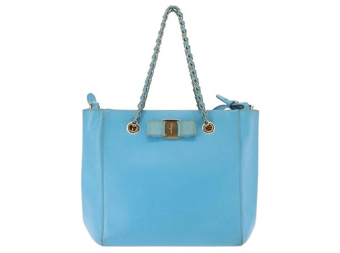 Borsa Vala Chain in pelle Salvatore Ferragamo 2 in 1 blu chiaro oro Auth bs29835 D'oro - vista 13