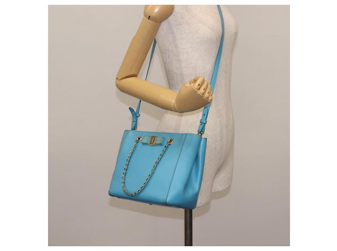 Borsa Vala Chain in pelle Salvatore Ferragamo 2 in 1 blu chiaro oro Auth bs29835 D'oro - vista 23