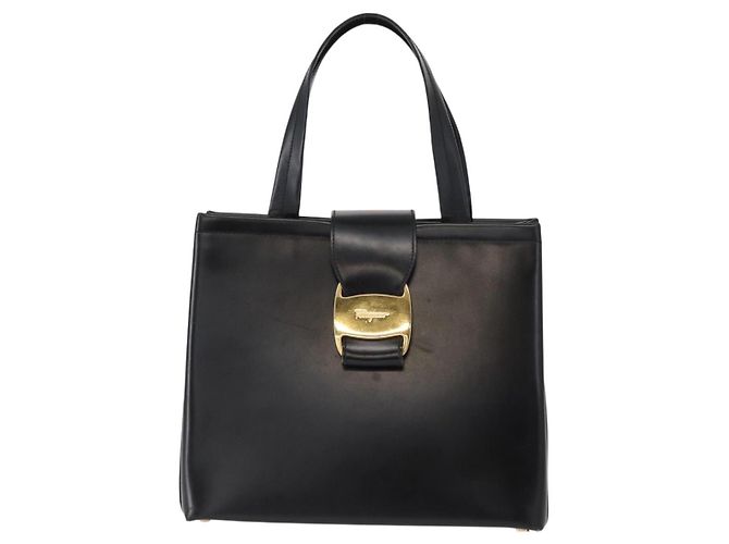 Borsa a mano Gancini in pelle nera e oro Auth 154475 di Salvatore Ferragamo Nero D'oro - vista 2