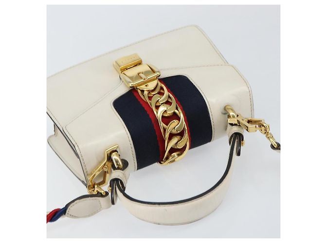 Borsa a mano in pelle GUCCI Sherry Line 2way Bianco Oro Blu Navy 470270 Auth BA8197 D'oro - vista 6