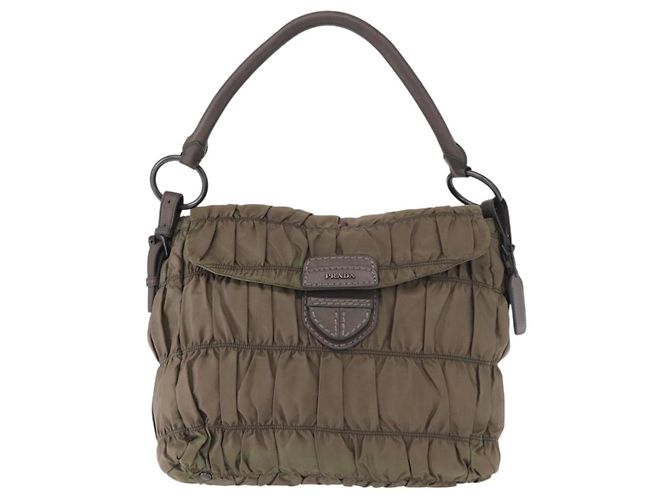 Bolso de Hombro PRADA de Nylon y Cuero Gris Auth ka788 Castaño - vista 13