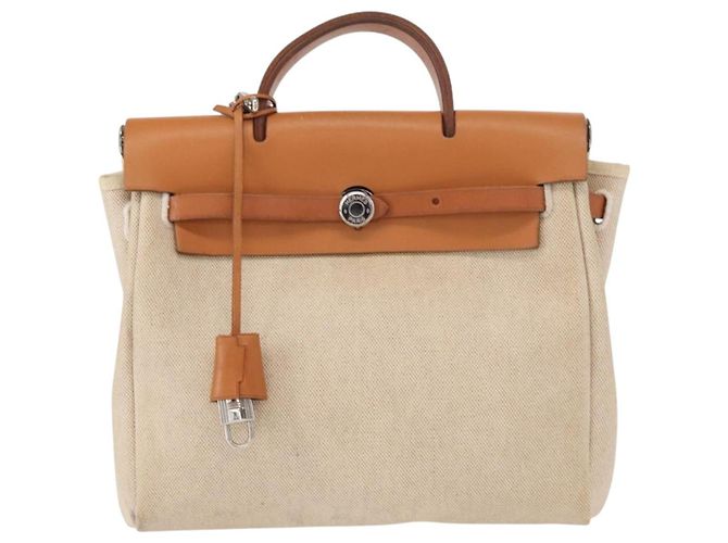 Hermès HERMES Mochila Herbag Lona Cuero Beige Plata Auth bs31446 - vista 2