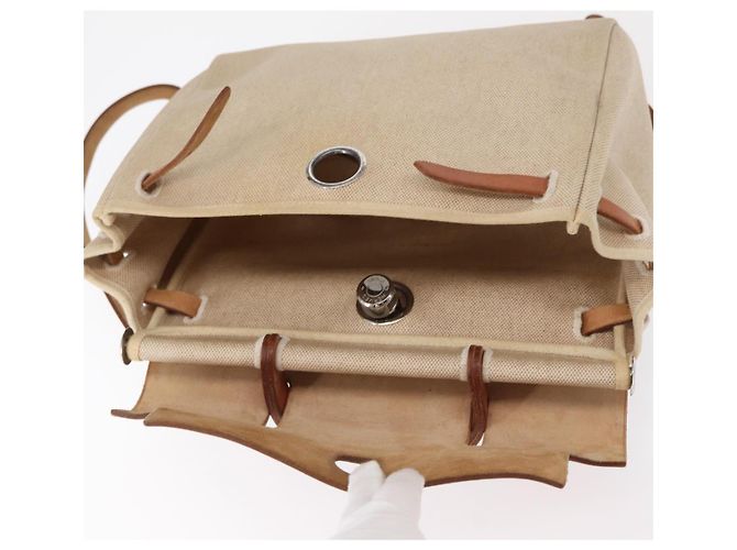 Hermès HERMES Mochila Herbag Lona Cuero Beige Plata Auth bs31446 - vista 20