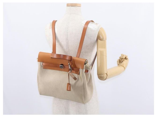 Hermès HERMES Mochila Herbag Lona Cuero Beige Plata Auth bs31446 - vista 25