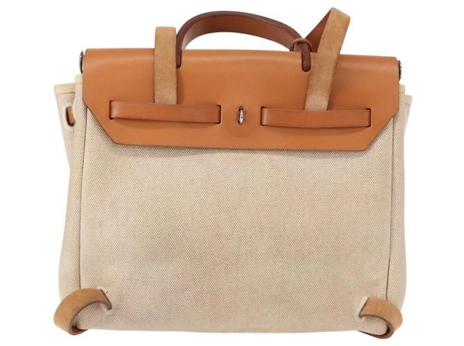 Hermès HERMES Mochila Herbag Lona Cuero Beige Plata Auth bs31446 - vista 3