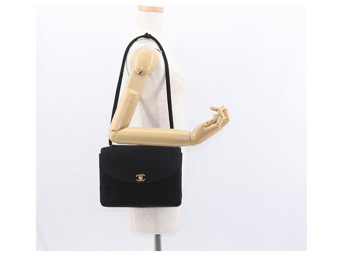 CHANEL Mademoiselle Borsa a Spalla Cotone Nero Oro CC Auth bs31506 D'oro - vista 24