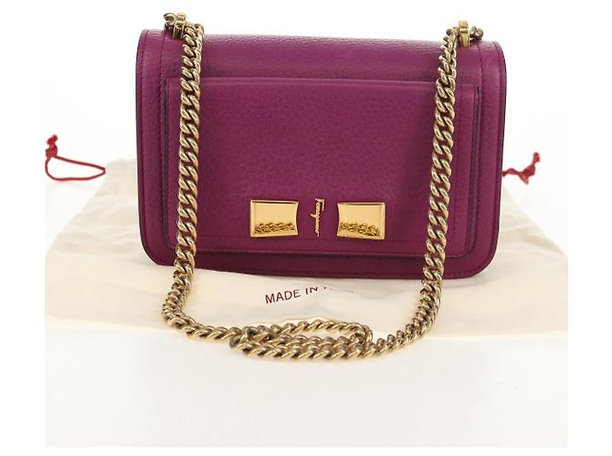 Borsa a Spalla Gancini Chain in Pelle Salvatore Ferragamo Viola Oro Auth 153364V D'oro Porpora - vista 12