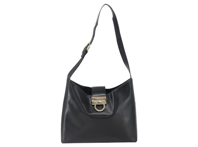 Borsa a Spalla Gancini in Pelle Nera e Oro Salvatore Ferragamo Auth 157063 Nero D'oro - vista 2