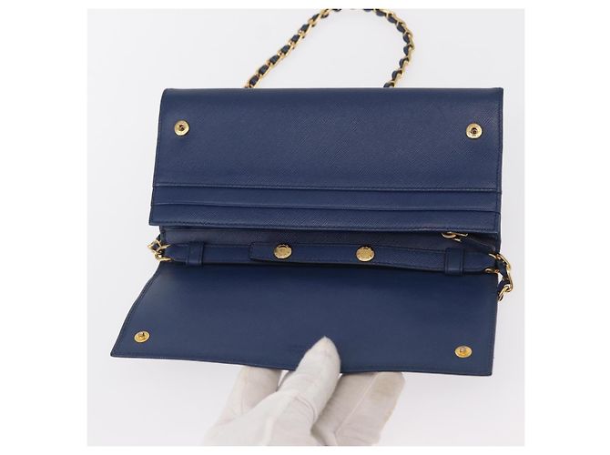 Saffiano PRADA Borsa a Spalla con Catena in Pelle Safiano Blu Oro Auth ka128 D'oro - vista 10