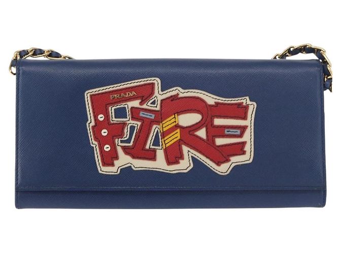 Saffiano PRADA Borsa a Spalla con Catena in Pelle Safiano Blu Oro Auth ka128 D'oro - vista 13