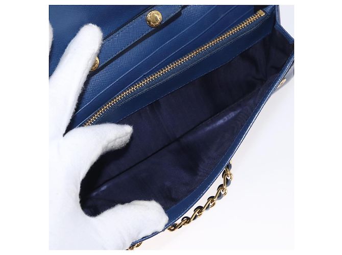 Saffiano PRADA Borsa a Spalla con Catena in Pelle Safiano Blu Oro Auth ka128 D'oro - vista 19