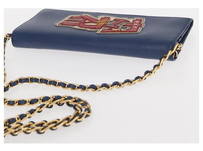 Saffiano PRADA Borsa a Spalla con Catena in Pelle Safiano Blu Oro Auth ka128 D'oro - vista 6