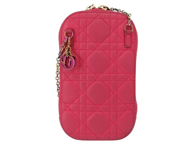 Pochette a spalla con catena per telefono Cannage Christian Dior 2 in 1 Rosa Oro Auth 156668V D'oro - vista 3