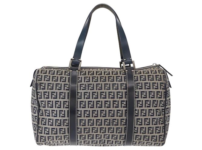 FENDI Zucchino Canvas Boston Tasche Navy Silber Auth 154748 Marineblau - Ansicht 2