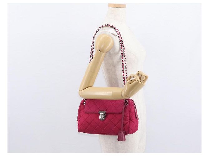 PRADA Borsa a Spalla con Catena Nylon Rosa Argento Auth 153853 - vista 26