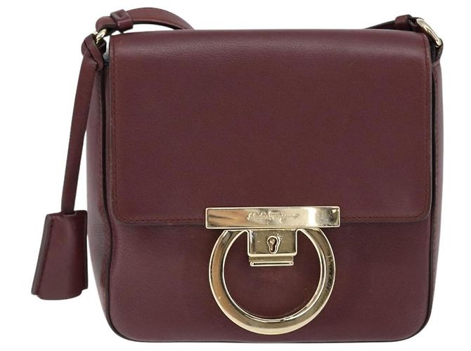 Borsa a Spalla Salvatore Ferragamo Gancini in Pelle Bordeaux Oro Auth 149195 - vista 2