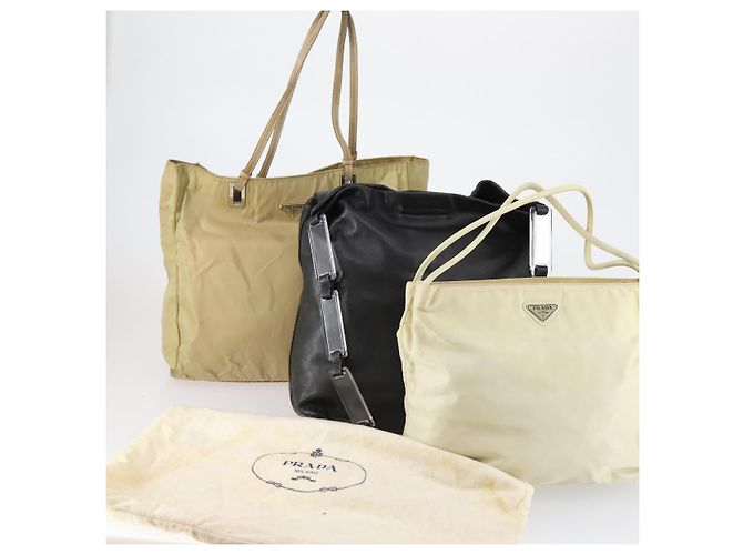 Borsa Tote PRADA in nylon e pelle 3 pezzi beige e nera Auth bs30533 Nero - vista 23