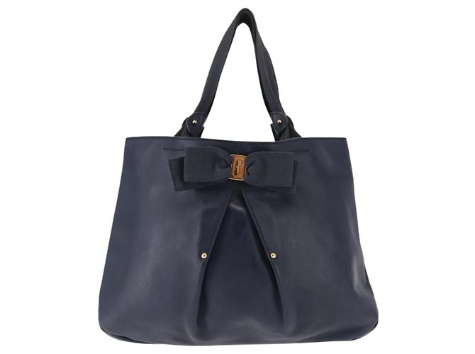 Borsa Tote Vala in pelle blu navy e oro Auth 145957 di Salvatore Ferragamo D'oro - vista 13