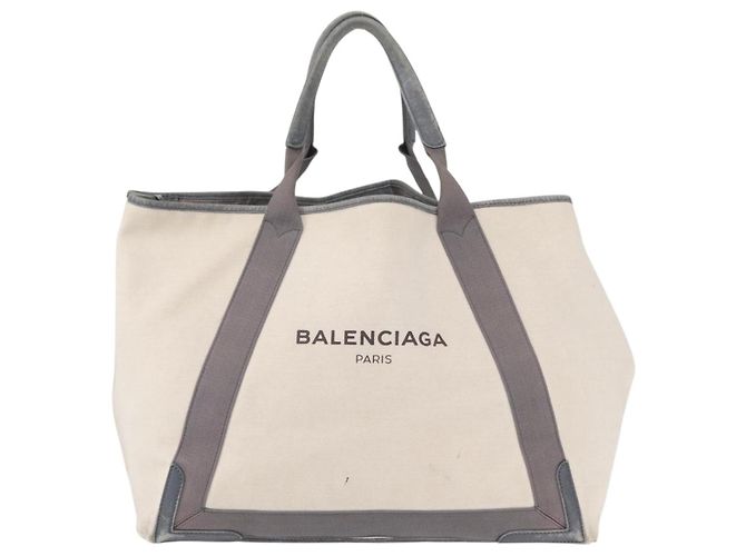 BALENCIAGA Navy Cabas M Hand Bag Canvas Leather White Silver 339936 Auth 152050 Silvery - view 13
