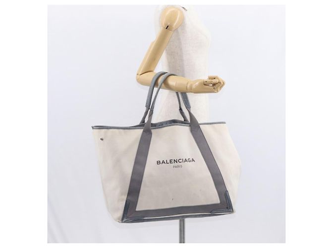 BALENCIAGA Navy Cabas M Hand Bag Canvas Leather White Silver 339936 Auth 152050 Silvery - view 20
