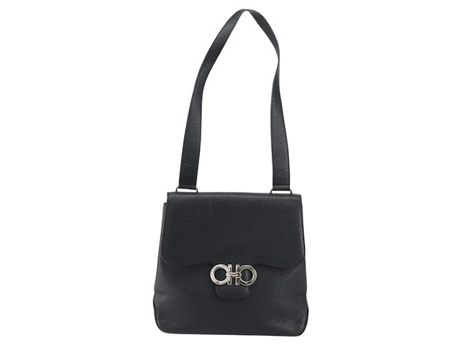 Borsa a Spalla Gancini in Pelle Nera e Argento Autentica Salvatore Ferragamo BA8229 Nero - vista 2