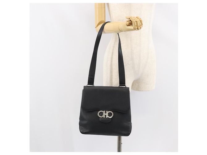 Borsa a Spalla Gancini in Pelle Nera e Argento Autentica Salvatore Ferragamo BA8229 Nero - vista 22