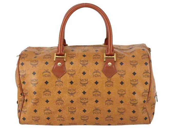 Borsa Boston MCM Logogram Vicetos in pelle PVC marrone e oro Auth 154457 D'oro - vista 3