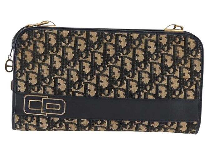 Borsa a Spalla in Tela Trotter Christian Dior Blu Navy Oro Auth 146109 D'oro - vista 2