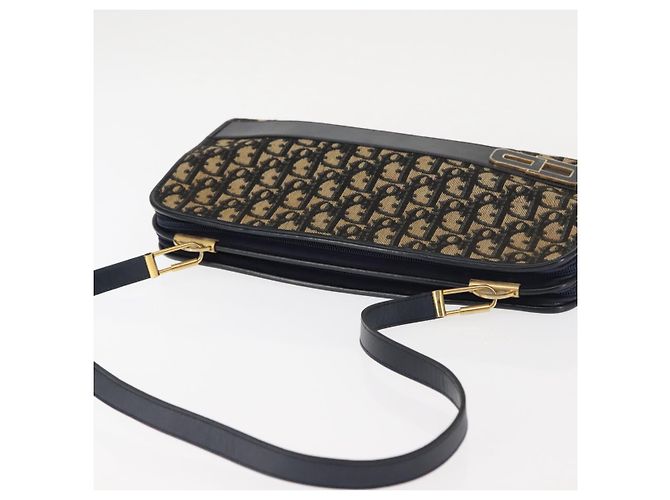 Borsa a Spalla in Tela Trotter Christian Dior Blu Navy Oro Auth 146109 D'oro - vista 6