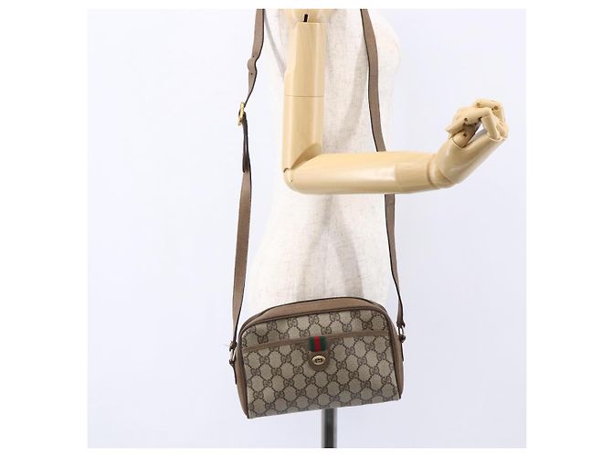 Borsa Gucci GG Supreme Web Sherry Line in PVC beige e oro 116 02 089 Auth BA7464 D'oro - vista 23