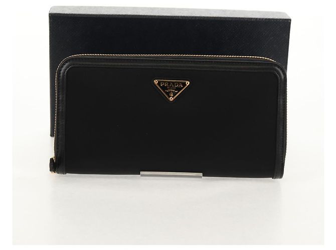 PRADA Cartera Larga de Cuero Nylon Negro Oro 1ML506 Auth am10026V Dorado - vista 12