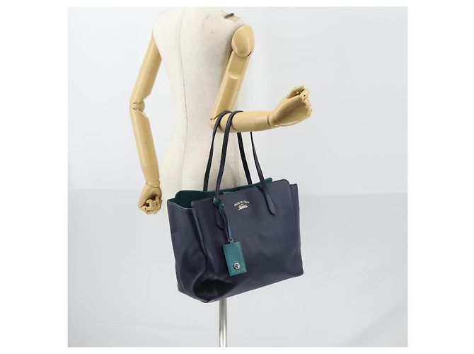 Borsa Tote in pelle blu e oro GUCCI 354397 Auth ar13812 D'oro - vista 23