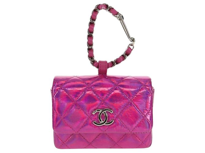 CHANEL Matelassé Pochette Charm Pelle Verniciata Rosa Argento CC Auth ti3561SAM - vista 2
