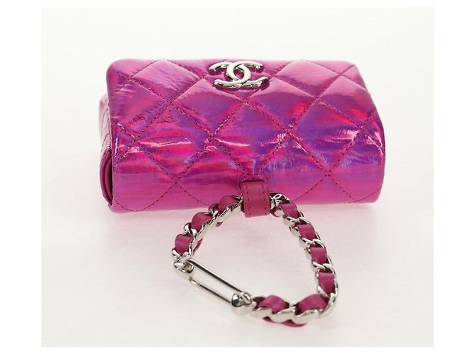 CHANEL Matelassé Pochette Charm Pelle Verniciata Rosa Argento CC Auth ti3561SAM - vista 6